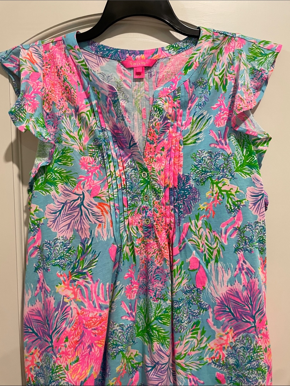 Floral Pink & Aqua Printed Flutter Sleeve Top